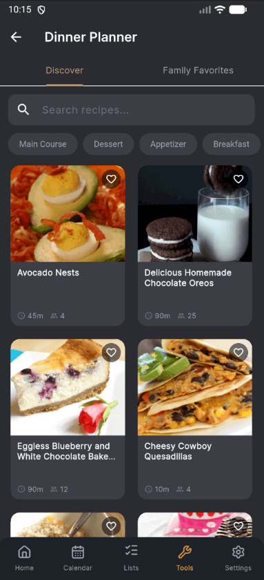 Drag-and-drop weekly dinner grid in Kyrio